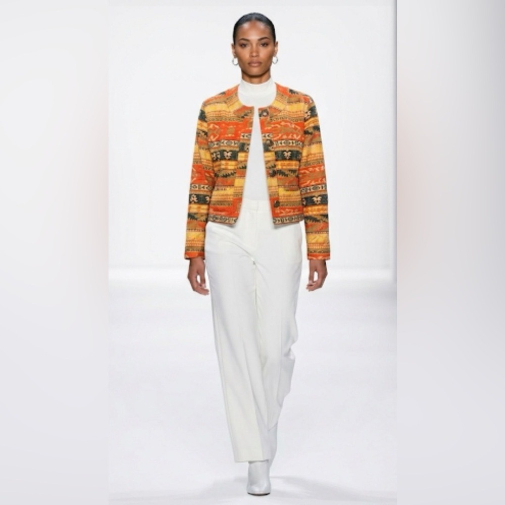 Chicos Southwestern Tapestry Cropped Jacket Silk Blend Orange Geometric Size 1